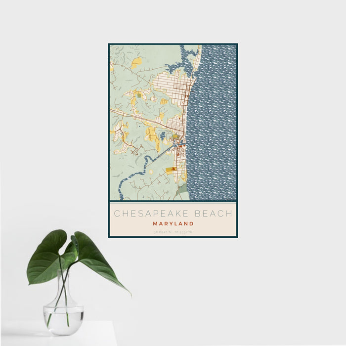 16x24 Chesapeake Beach Maryland Map Print Portrait Orientation in Woodblock Style With Tropical Plant Leaves in Water