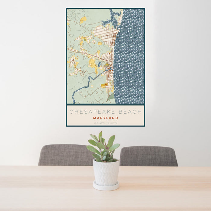 24x36 Chesapeake Beach Maryland Map Print Portrait Orientation in Woodblock Style Behind 2 Chairs Table and Potted Plant