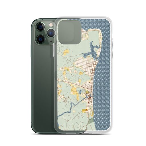 Custom Chesapeake Beach Maryland Map Phone Case in Woodblock on Table with Laptop and Plant