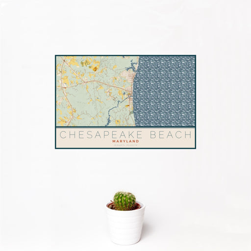 12x18 Chesapeake Beach Maryland Map Print Landscape Orientation in Woodblock Style With Small Cactus Plant in White Planter