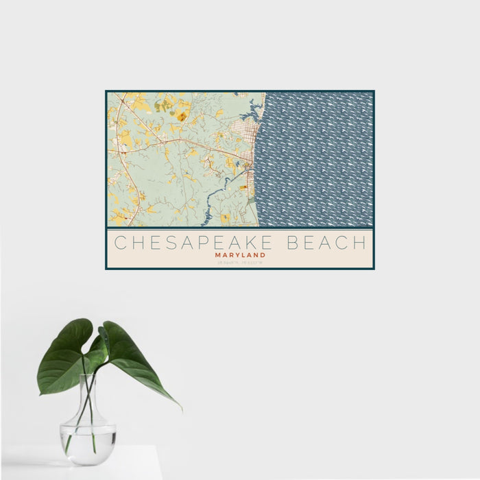 16x24 Chesapeake Beach Maryland Map Print Landscape Orientation in Woodblock Style With Tropical Plant Leaves in Water