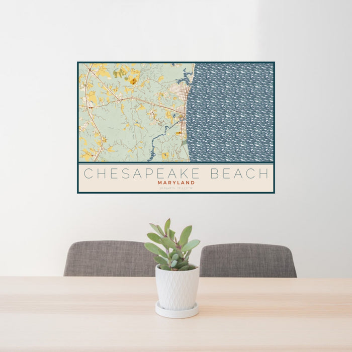 24x36 Chesapeake Beach Maryland Map Print Landscape Orientation in Woodblock Style Behind 2 Chairs Table and Potted Plant