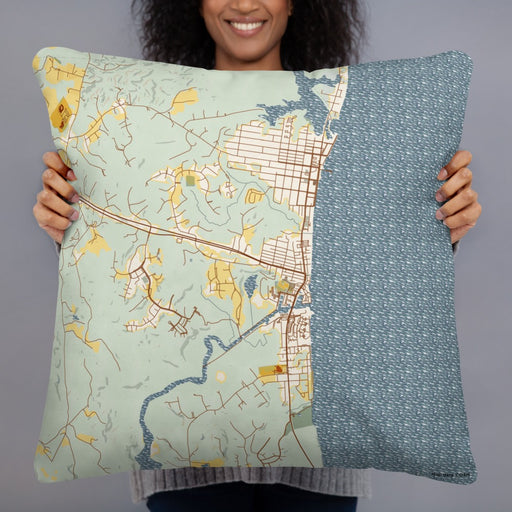 Person holding 22x22 Custom Chesapeake Beach Maryland Map Throw Pillow in Woodblock