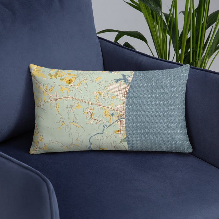 Custom Chesapeake Beach Maryland Map Throw Pillow in Woodblock on Blue Colored Chair
