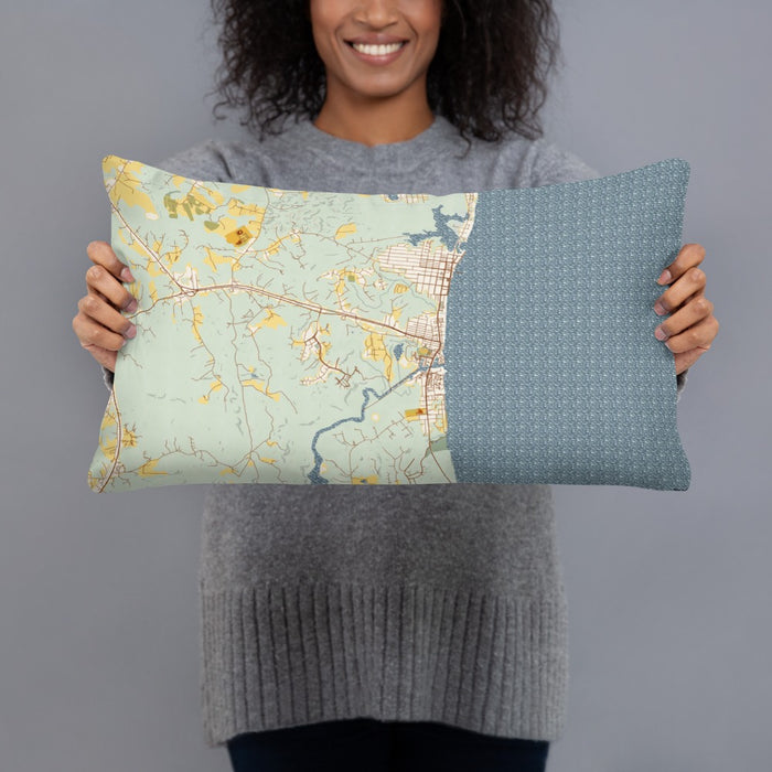Person holding 20x12 Custom Chesapeake Beach Maryland Map Throw Pillow in Woodblock