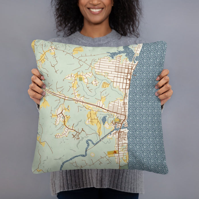 Person holding 18x18 Custom Chesapeake Beach Maryland Map Throw Pillow in Woodblock
