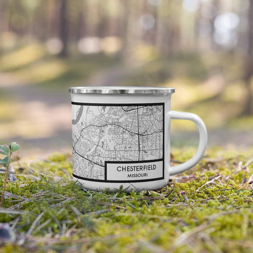 Right View Custom Chesterfield Missouri Map Enamel Mug in Classic on Grass With Trees in Background