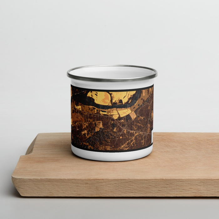 Front View Custom Chesterfield Missouri Map Enamel Mug in Ember on Cutting Board