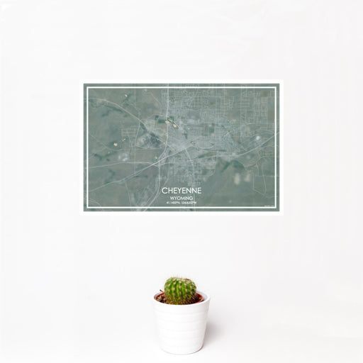 12x18 Cheyenne Wyoming Map Print Landscape Orientation in Afternoon Style With Small Cactus Plant in White Planter
