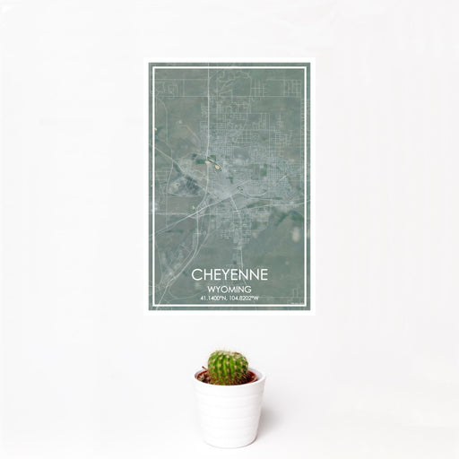 12x18 Cheyenne Wyoming Map Print Portrait Orientation in Afternoon Style With Small Cactus Plant in White Planter