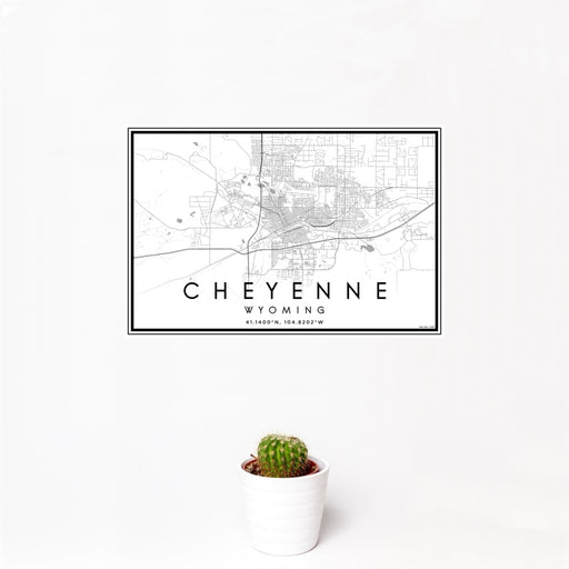 12x18 Cheyenne Wyoming Map Print Landscape Orientation in Classic Style With Small Cactus Plant in White Planter