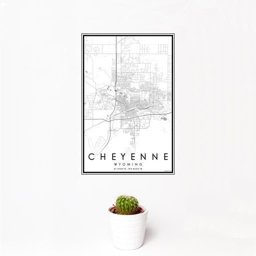 12x18 Cheyenne Wyoming Map Print Portrait Orientation in Classic Style With Small Cactus Plant in White Planter