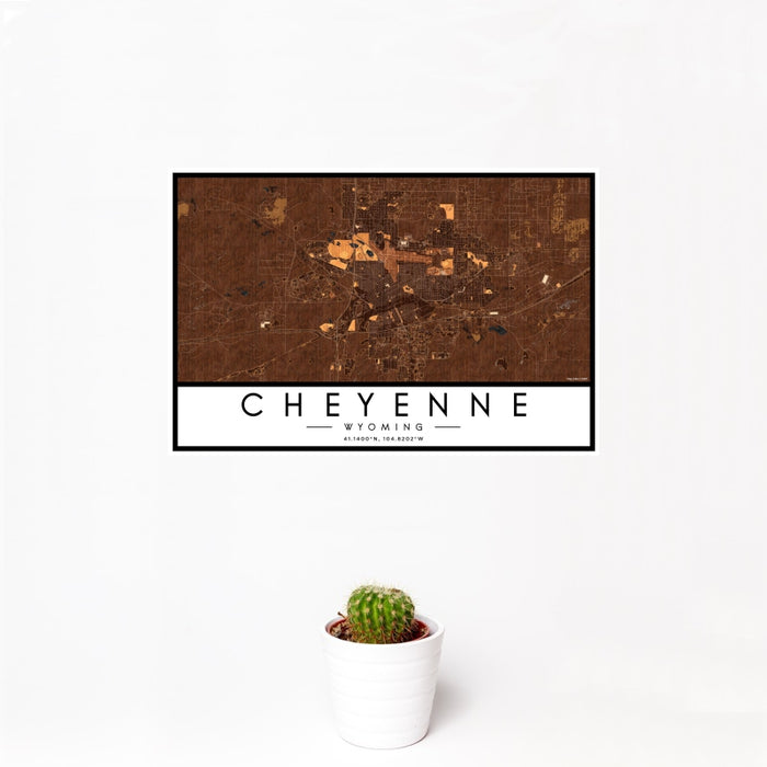 12x18 Cheyenne Wyoming Map Print Landscape Orientation in Ember Style With Small Cactus Plant in White Planter