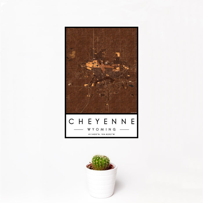 12x18 Cheyenne Wyoming Map Print Portrait Orientation in Ember Style With Small Cactus Plant in White Planter