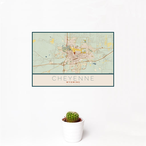 12x18 Cheyenne Wyoming Map Print Landscape Orientation in Woodblock Style With Small Cactus Plant in White Planter