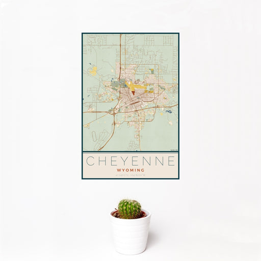 12x18 Cheyenne Wyoming Map Print Portrait Orientation in Woodblock Style With Small Cactus Plant in White Planter