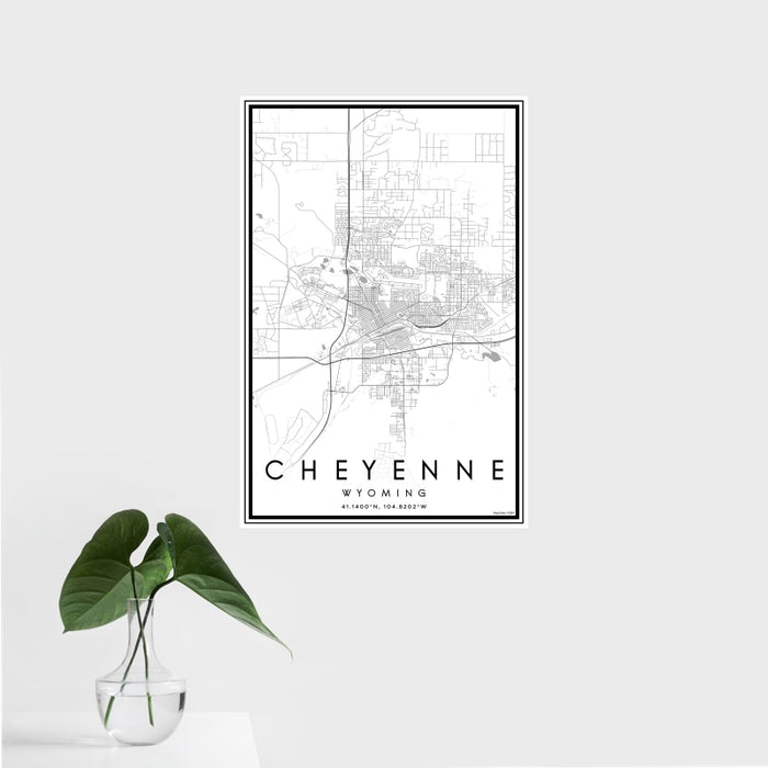 16x24 Cheyenne Wyoming Map Print Portrait Orientation in Classic Style With Tropical Plant Leaves in Water