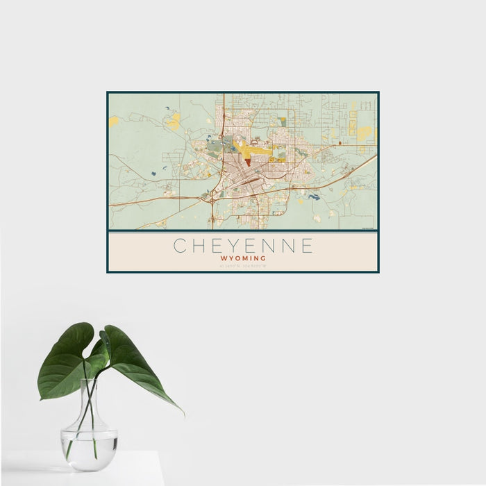 16x24 Cheyenne Wyoming Map Print Landscape Orientation in Woodblock Style With Tropical Plant Leaves in Water