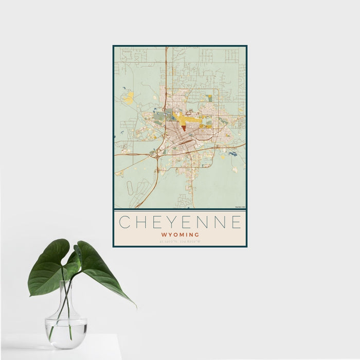 16x24 Cheyenne Wyoming Map Print Portrait Orientation in Woodblock Style With Tropical Plant Leaves in Water