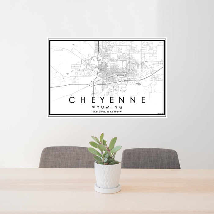 24x36 Cheyenne Wyoming Map Print Lanscape Orientation in Classic Style Behind 2 Chairs Table and Potted Plant