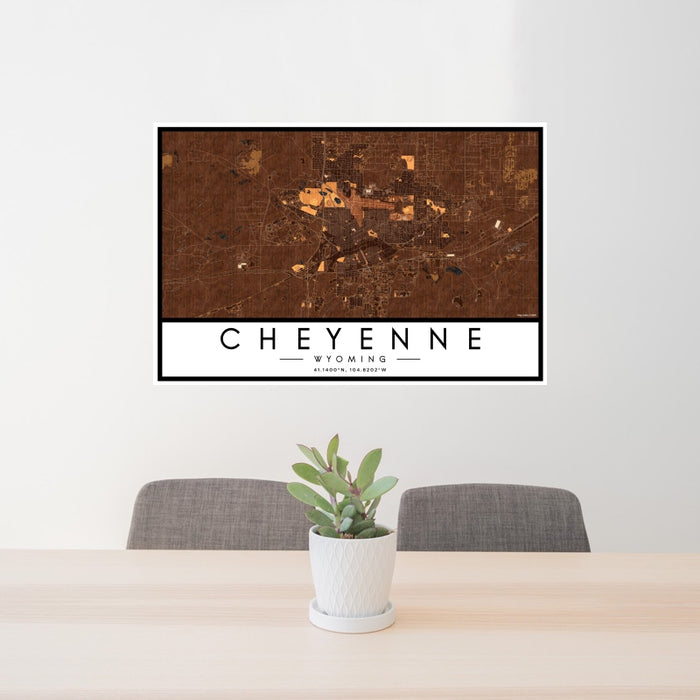 24x36 Cheyenne Wyoming Map Print Lanscape Orientation in Ember Style Behind 2 Chairs Table and Potted Plant