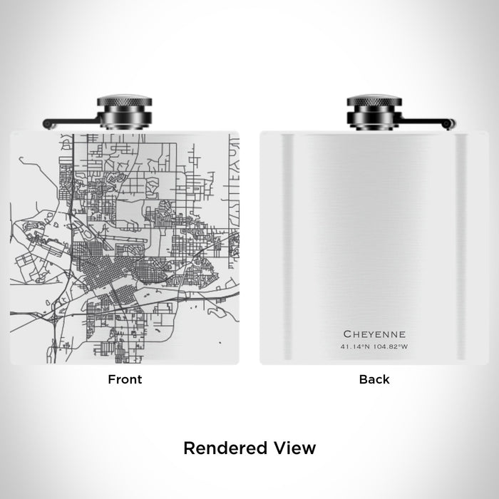 Rendered View of Cheyenne Wyoming Map Engraving on 6oz Stainless Steel Flask in White