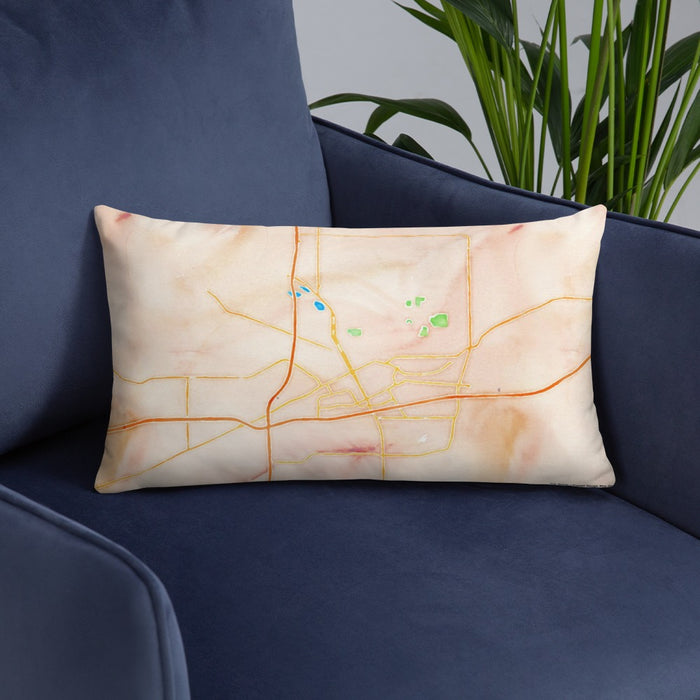 Custom Cheyenne Wyoming Map Throw Pillow in Watercolor on Blue Colored Chair