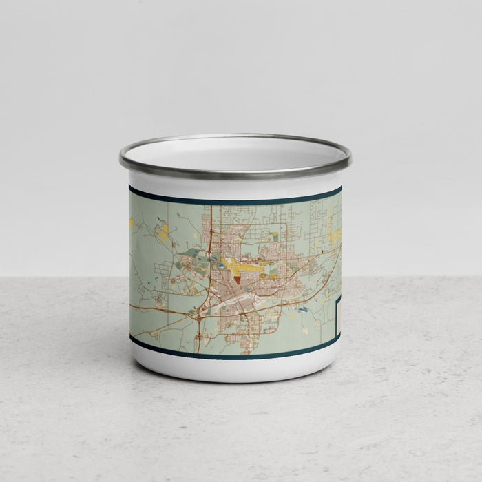 Front View Custom Cheyenne Wyoming Map Enamel Mug in Woodblock