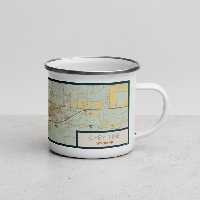 Right View Custom Cheyenne Wyoming Map Enamel Mug in Woodblock