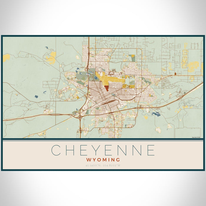 Cheyenne Wyoming Map Print Landscape Orientation in Woodblock Style With Shaded Background