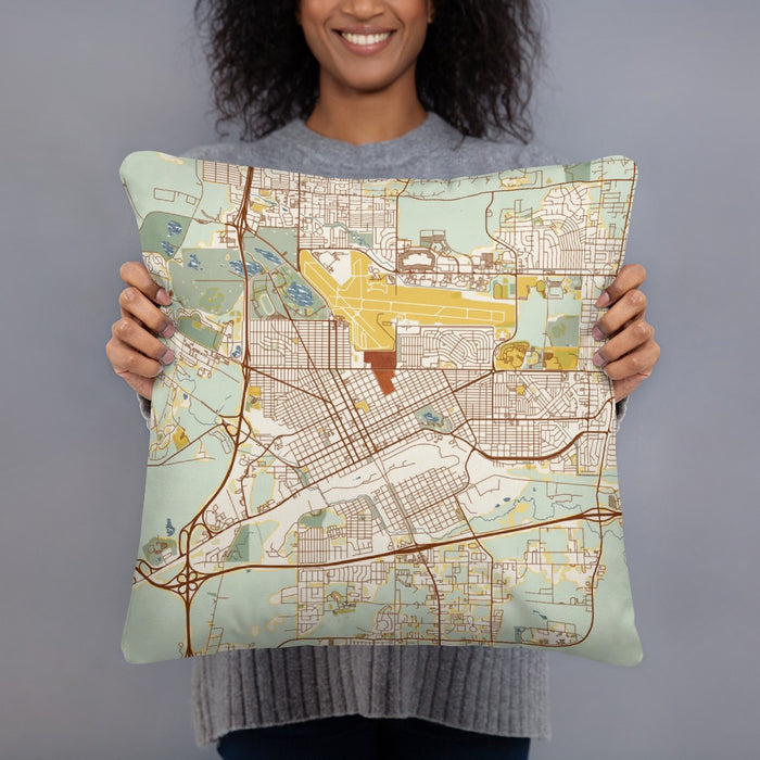 Person holding 18x18 Custom Cheyenne Wyoming Map Throw Pillow in Woodblock