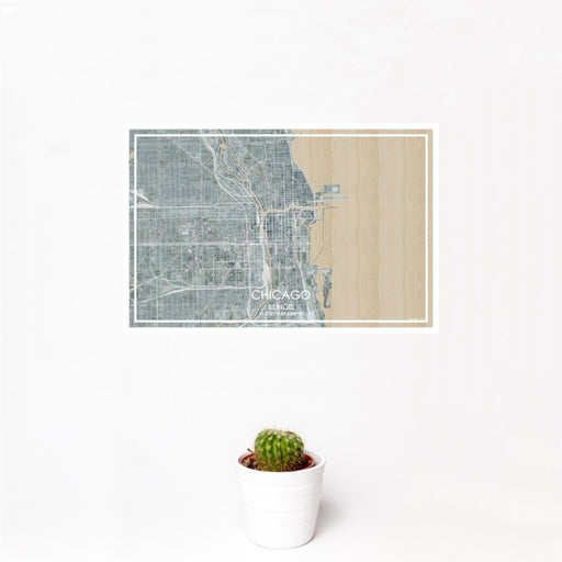 12x18 Chicago Illinois Map Print Landscape Orientation in Afternoon Style With Small Cactus Plant in White Planter