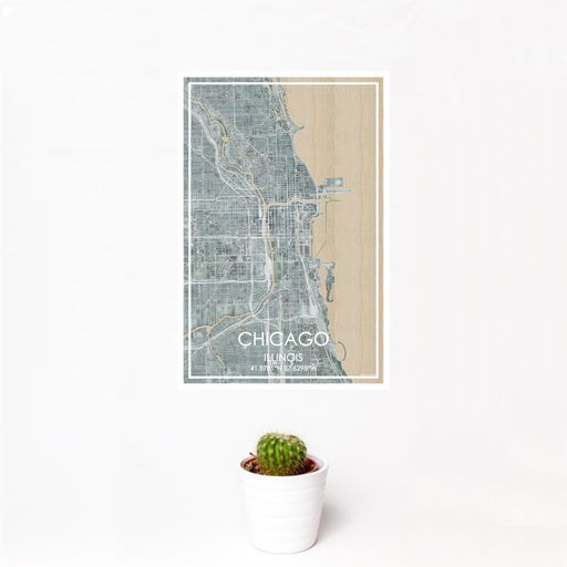 12x18 Chicago Illinois Map Print Portrait Orientation in Afternoon Style With Small Cactus Plant in White Planter