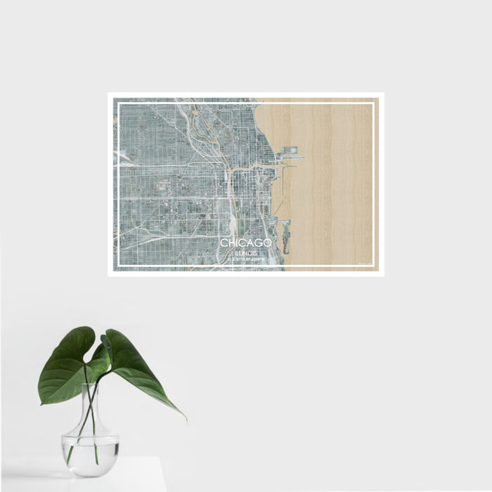 16x24 Chicago Illinois Map Print Landscape Orientation in Afternoon Style With Tropical Plant Leaves in Water