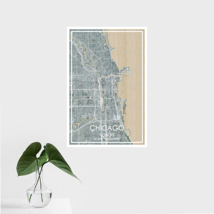 16x24 Chicago Illinois Map Print Portrait Orientation in Afternoon Style With Tropical Plant Leaves in Water