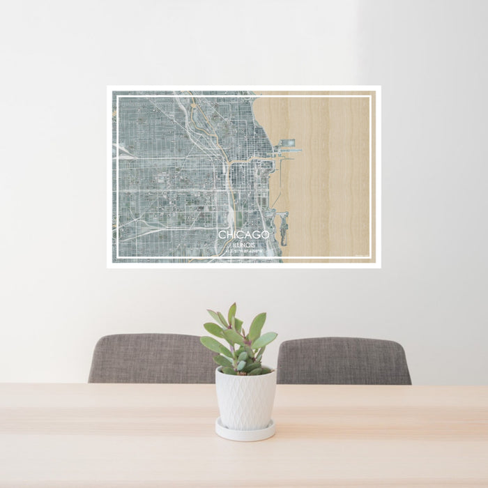 24x36 Chicago Illinois Map Print Lanscape Orientation in Afternoon Style Behind 2 Chairs Table and Potted Plant