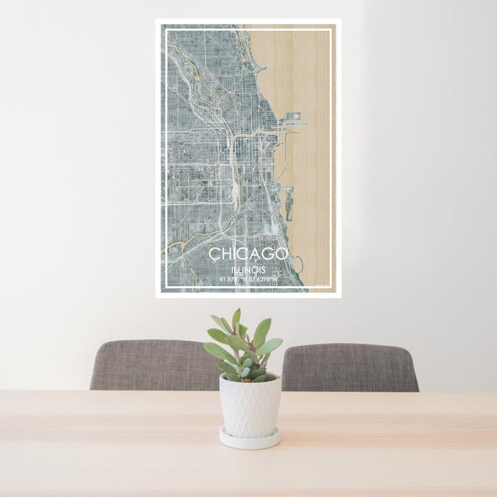 24x36 Chicago Illinois Map Print Portrait Orientation in Afternoon Style Behind 2 Chairs Table and Potted Plant