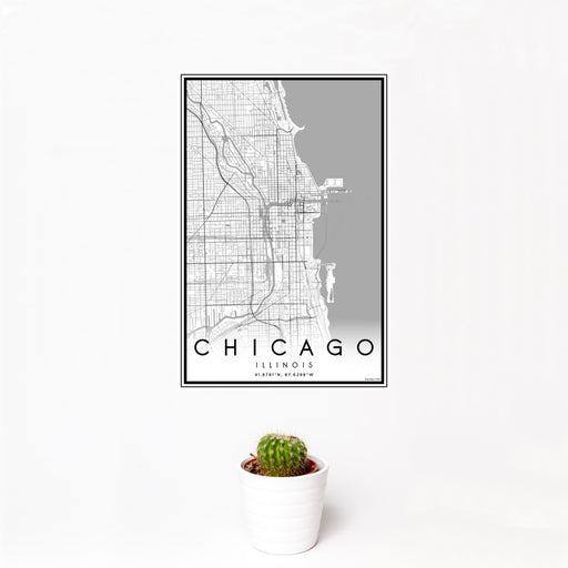 12x18 Chicago Illinois Map Print Portrait Orientation in Classic Style With Small Cactus Plant in White Planter