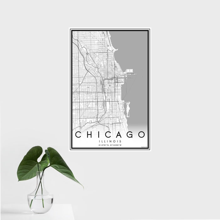 16x24 Chicago Illinois Map Print Portrait Orientation in Classic Style With Tropical Plant Leaves in Water