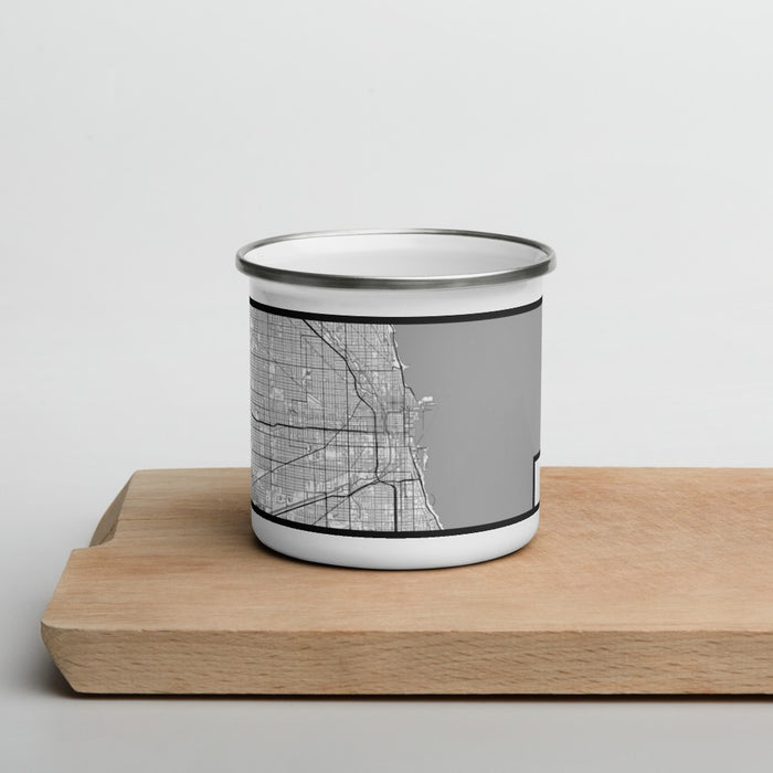 Front View Custom Chicago Illinois Map Enamel Mug in Classic on Cutting Board
