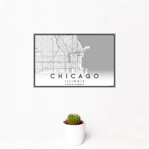 12x18 Chicago Illinois Map Print Landscape Orientation in Classic Style With Small Cactus Plant in White Planter