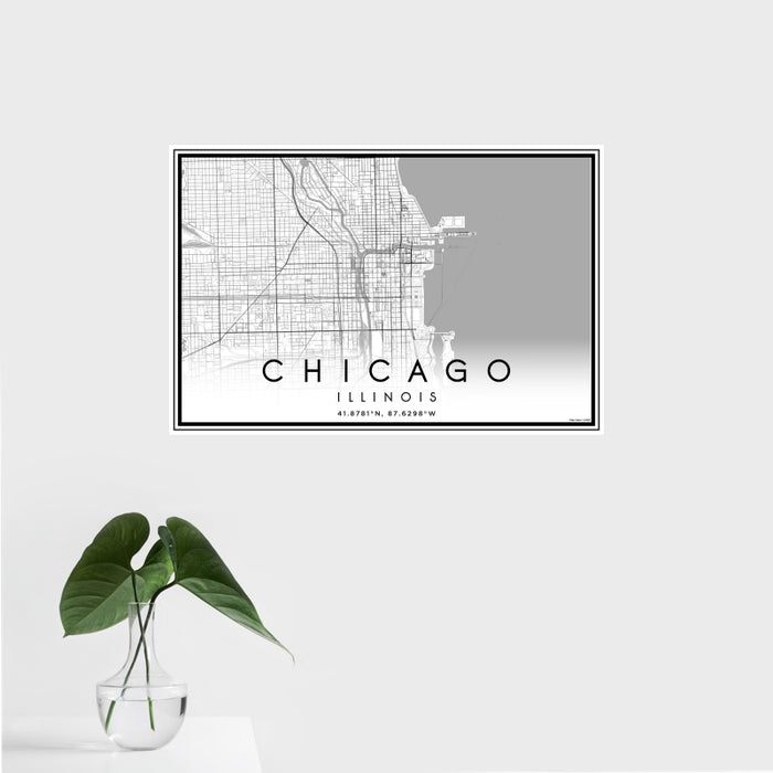 16x24 Chicago Illinois Map Print Landscape Orientation in Classic Style With Tropical Plant Leaves in Water
