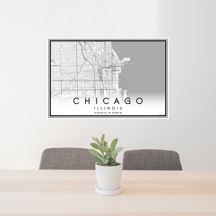 24x36 Chicago Illinois Map Print Landscape Orientation in Classic Style Behind 2 Chairs Table and Potted Plant