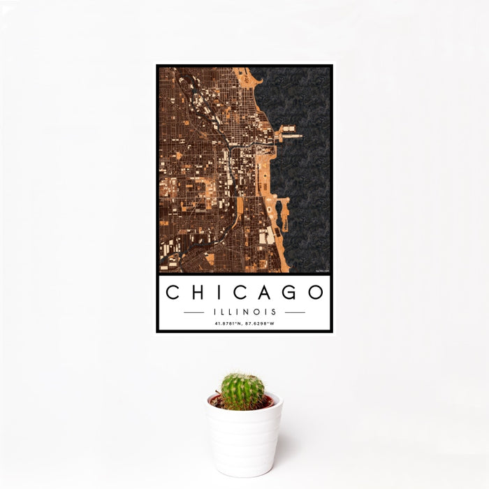 12x18 Chicago Illinois Map Print Portrait Orientation in Ember Style With Small Cactus Plant in White Planter