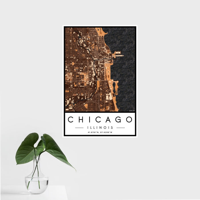 16x24 Chicago Illinois Map Print Portrait Orientation in Ember Style With Tropical Plant Leaves in Water