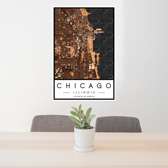 24x36 Chicago Illinois Map Print Portrait Orientation in Ember Style Behind 2 Chairs Table and Potted Plant