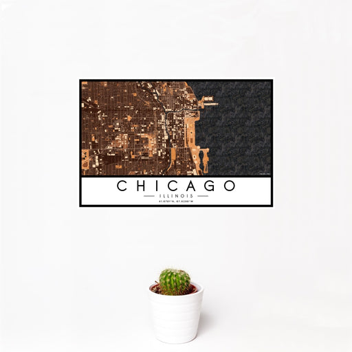 12x18 Chicago Illinois Map Print Landscape Orientation in Ember Style With Small Cactus Plant in White Planter