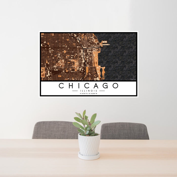 24x36 Chicago Illinois Map Print Landscape Orientation in Ember Style Behind 2 Chairs Table and Potted Plant