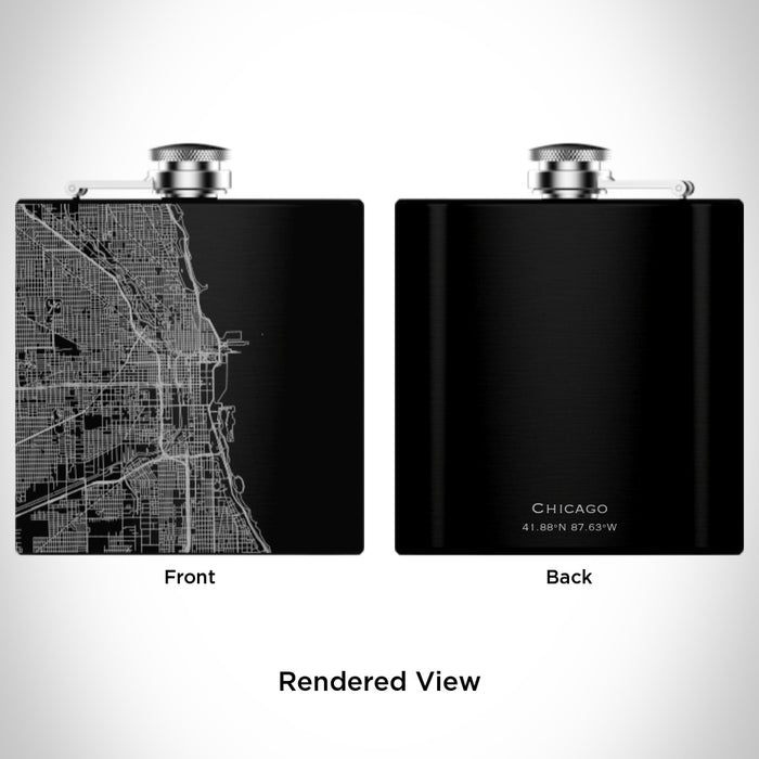 Rendered View of Chicago Illinois Map Engraving on 6oz Stainless Steel Flask in Black