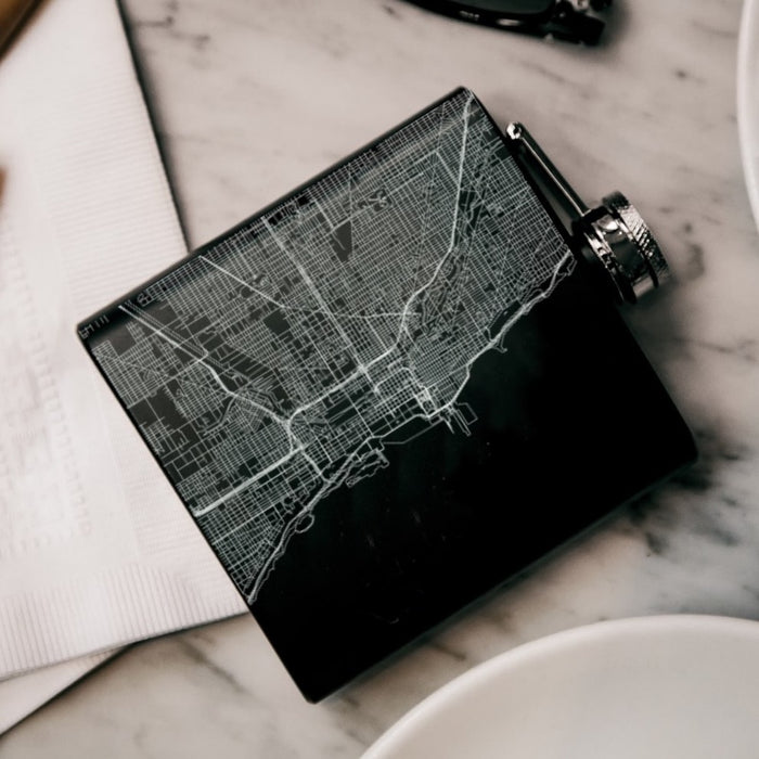 Chicago Illinois Custom Engraved City Map Inscription Coordinates on 6oz Stainless Steel Flask in Black